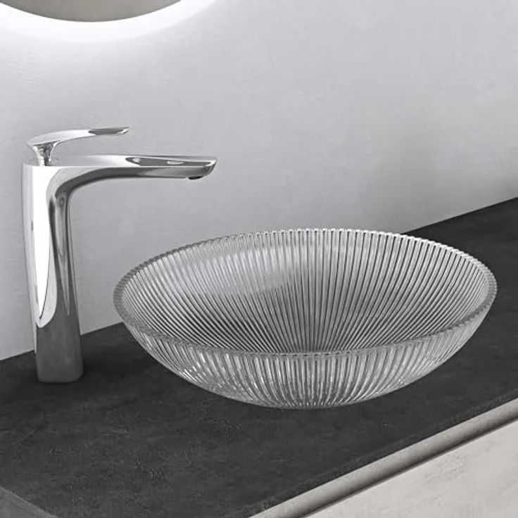 Mai & Mai Aufsatzwaschbecken Glaswaschbecken Waschbecken Glas Handwaschbecken Rund Waschschale für Badezimmer Gäste WC ohne Hahnloch BxTxH 40x40x12 cm Transparent Minerva06 – Bild 4