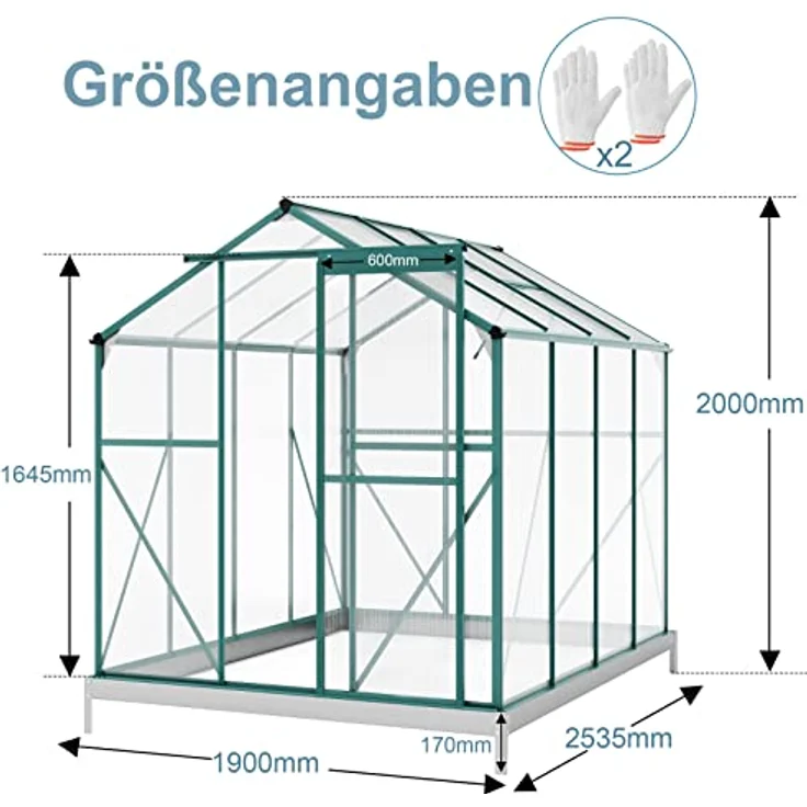Thanaddo Gewächshaus Aluminium Gewächshaus, Treibhaus Gartenhaus, Pflanzenhaus 4,8m², Grün/Silber, mit großer Schiebetür und Dachfenstern – Bild 2