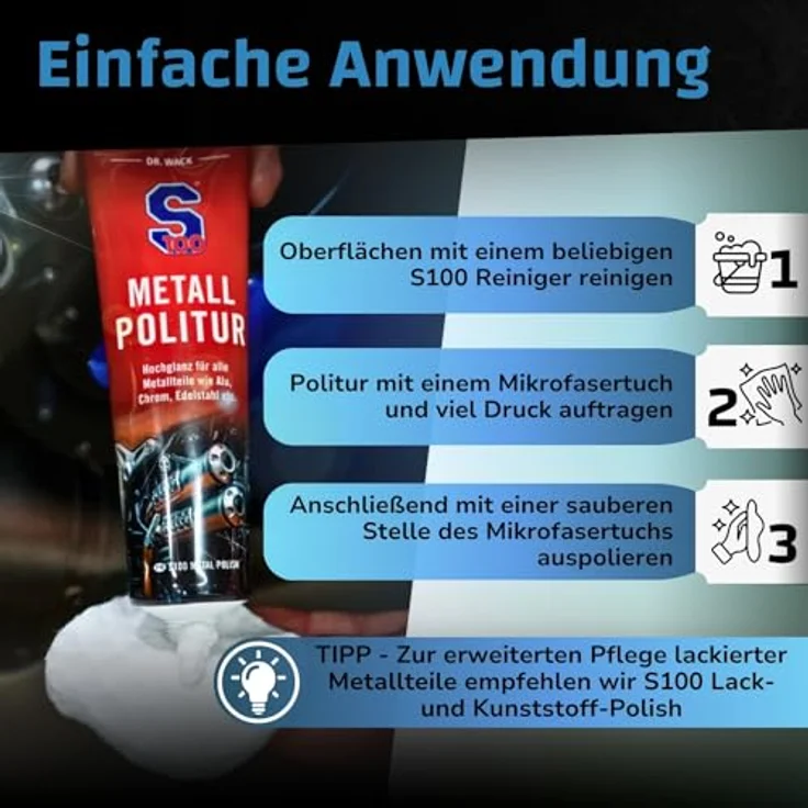 DR WACK S100 Metallpolitur, 100 ml Auto-Reinigungsmittel für Hochglanz, entfernt Korrosionsspuren und Kratzer – Bild 4