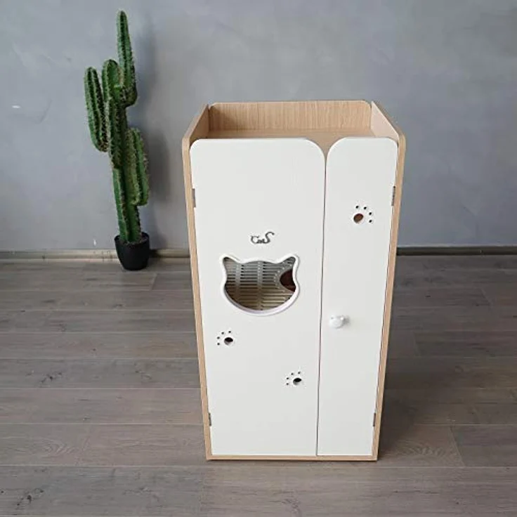 CatS Design Katzentoilette Schrank Eiche-Weiß/Premium Katzenklo Schrank/Katzen Klo inkl. Schaufel, Liegekissen & Anti Rutsch Vorleger – Bild 4