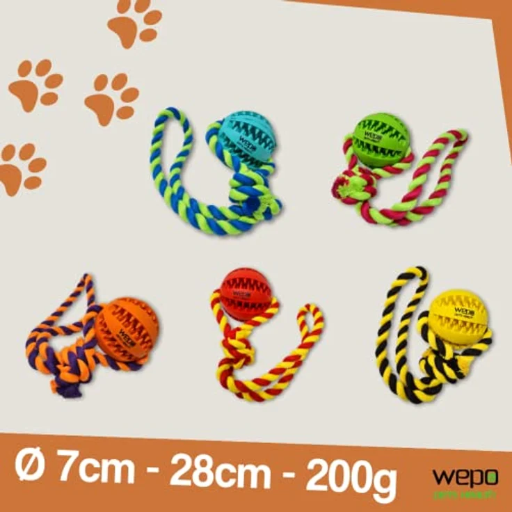 WEPO Ball mit Schnur Hund Orange Ø7cm - Spielzeug für große Hunde - Zahnpflege Hund - Zergel Hundespielzeug - Dog Toy gegen Langeweile für Spielspaß - Strick Orange/Lila – Bild 5