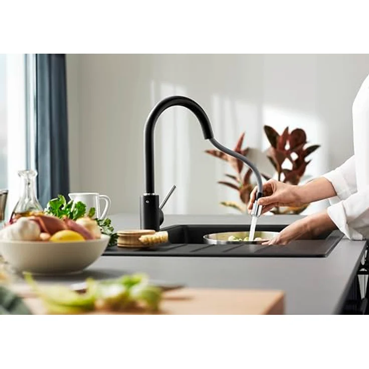 Blanco MIDA-S Küchenarmatur, Ausziehbare Schlauchbrause mit 360° schwenkbarem Auslauf, SILGRANIT-Look Softweiß – Bild 3