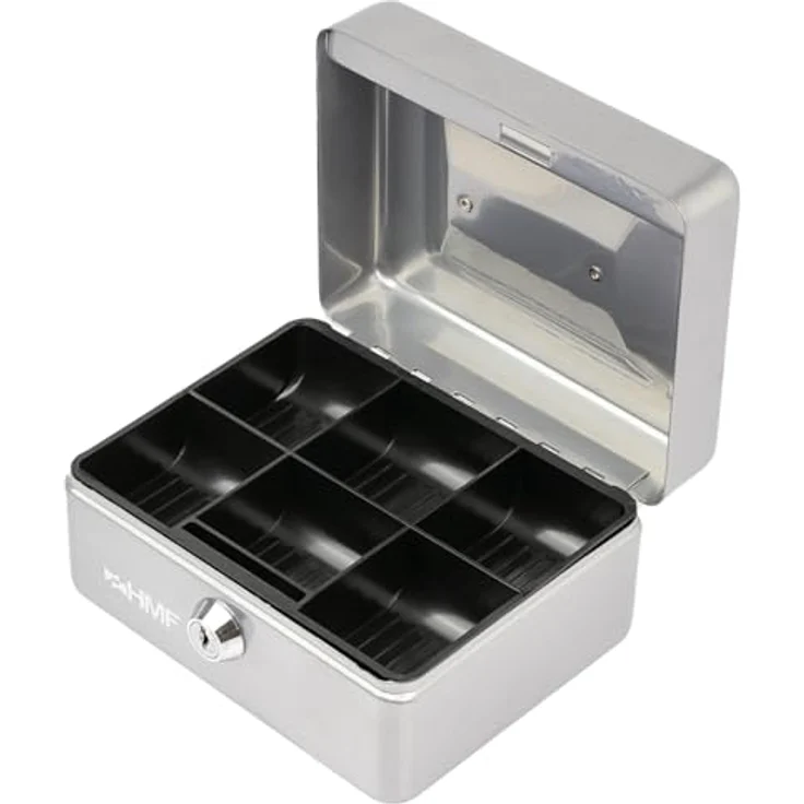 HMF Geldkassette abschließbar, Kasse mit 6 Münzfächern, 15 x 12 x 8 cm, Silber, aus stabilem Stahlblech mit kratzfester Pulverbeschichtung – Bild 1
