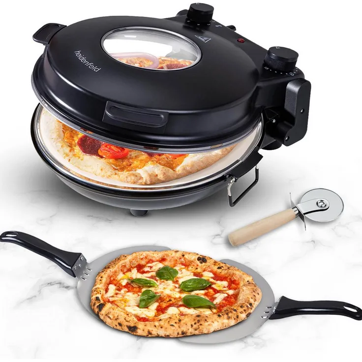 Heidenfeld Napoli Pizzaofen, elektrischer Holzofen mit 1200W, 400°C, Sichtfenster, Überhitzungsschutz, Pizzastein, Pizzaschneider, Schwarz/Rot