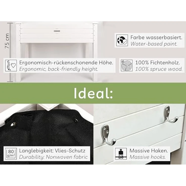 needs&wants® Growy4 Hochbeet aus Holz, Pflanzkasten Bausatz rechteckig schmal mit Vlies-Folie, 80 Liter Volumen, weiß – Bild 2