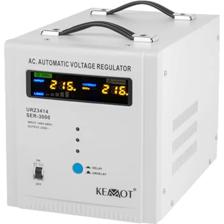 KEMOT SER-3000, Automatischer Spannungsregler 230 V einphasig mit Schutzfunktionen und robustem Design, weiss – Bild 2