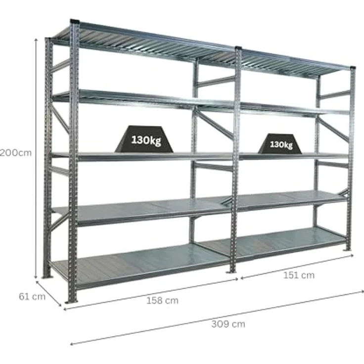 Proregal PROXIMO Metallregal, Fachbodenregal mit 5 Böden, Traglast 130 kg pro Boden, 200 x 300 x 60 cm, verzinkter Stahl, schraubenloses Stecksystem – Bild 2
