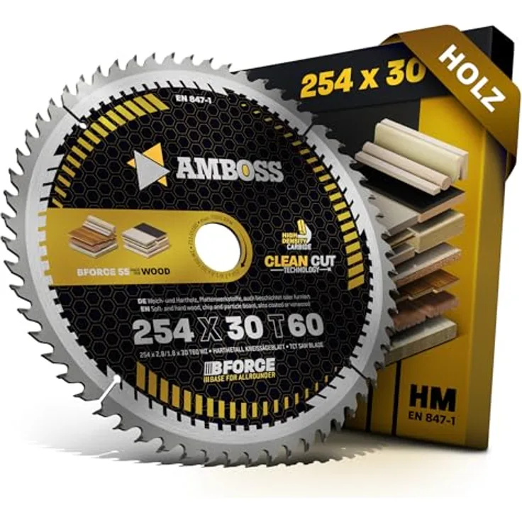Amboss Werkzeuge HM Kreissägeblatt 254x30 Z60 Wechselzahn für Holz - Feinschnitt, passend zu Bosch GTS 10, PTS 10, PTS 100 T.GTS 254, Woodster ST110, Triton TWX7CS001, Einhell TE-SM 36 10 - Clean Cut Technologie - Ø 254mm