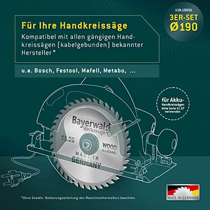 HOLZ ALLROUND Bayerwald Hand-Kreissägeblatt Set Ø 190 (3 tlg.) - für Tischlerplatten, Spanplatten, Holz Querschnitt etc. - Geeignet für Handkreissägen u.a. mit Bosch GKS 165 GKS 55. Makita DHS630Z – Bild 4