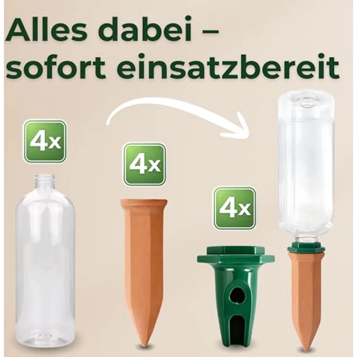 De-Plastik Automatisches Bewässerungssystem für Pflanzen, Tonkegel Set mit Adapter & 750 ml PET-Flaschen, 4 Kegel für Urlaubsbewässerung – Bild 3