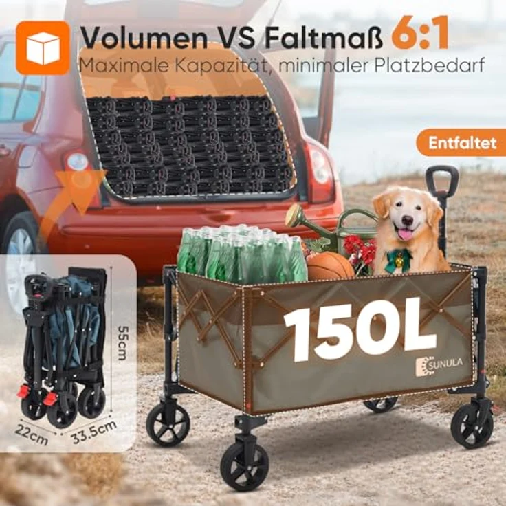 Sunula Bollerwagen Faltbar, Klappbarer Handwagen mit Tragkraft 120KG, Ein-Klick-Handgriff, 150L Stauraum, Geländegängige Räder mit Bremsen, Grün – Bild 4