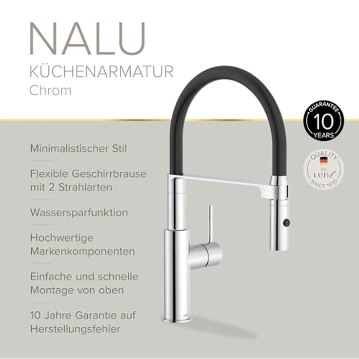 Lenz Küchenarmatur NALU, Flexible Pendelbrause mit 2 Strahlarten und 360° Schwenkfunktion, Chrom – Bild 4