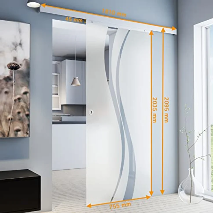 inova Glas-Schiebetür Komplettset 755 x 2035 mm wellen Design 8 mm ESG Alu Lauf-schiene mit Griffmuschel + beidseitiger Softclose – Bild 2