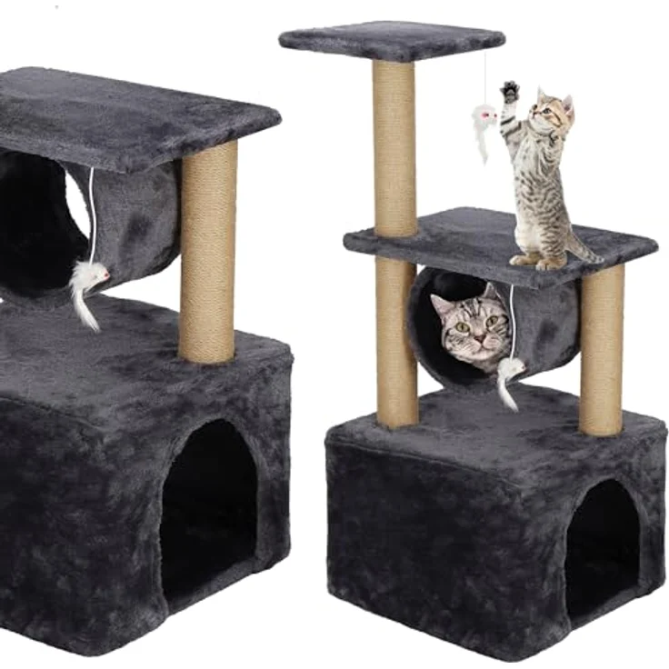 SPRINGOS Katzenkratzbaum mit Häuschen, 2 Plattformen und Spielmäusen, 62 cm, graphit – Bild 3