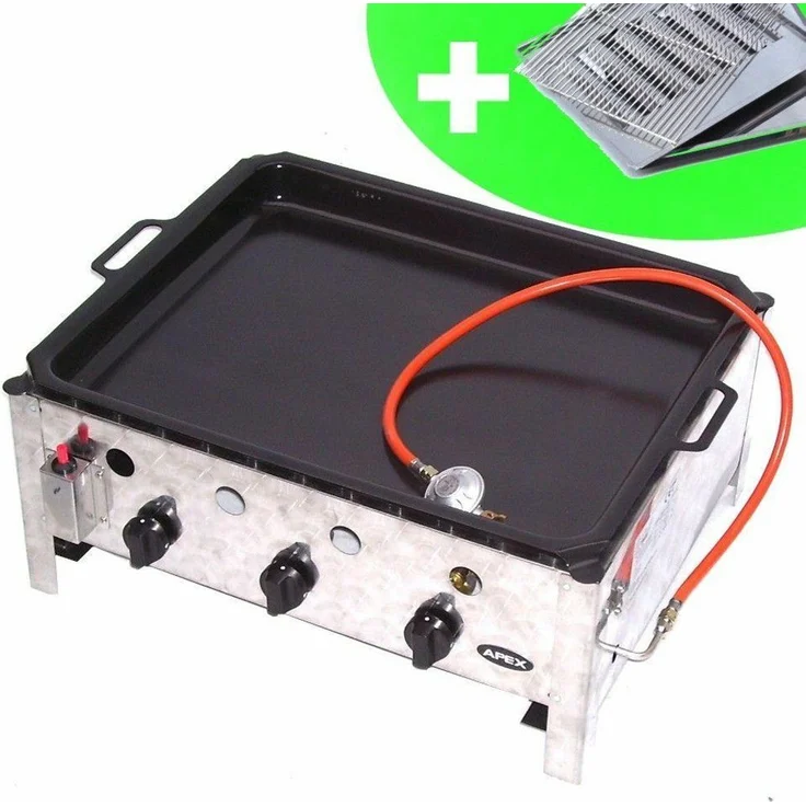 Apex Gasgrill EDELSTAHL GASBRÄTER 10 kW 3 flammig GASGRILL BRÄTER GRILL BBQ, 3-flammiger Tischgrill mit elektronischer Piezozündung, Thermo-Zündsicherung, Gasschlauch und Druckminderer, Edelstahlkorpus, Propan-Butan, 728 g/h Verbrauch, 10 kW Leistung