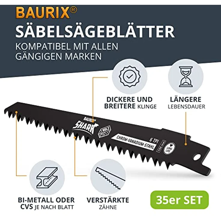 BAURIX® Säbelsägeblätter 35 Stück Set, Profi-Sägeblätter für Holz & Metall, 3 bis 24 TPI, passend für Bosch, Makita und mehr – Bild 2