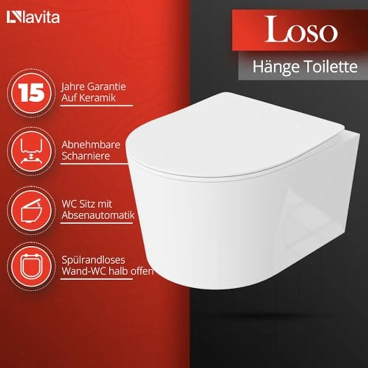 lavita Wand-WC Loso | Hänge Toilette | Toilettendeckel mit Absenkautomatik & Metallscharniere | Spülrandlos Hängend | 360x450x350 mm | Weißer Glanz – Bild 2