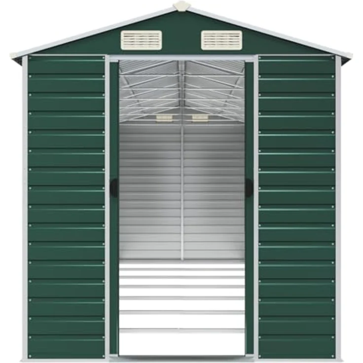vidaXL Gerätehaus, Gartenhaus mit Schrägdach Griffe, Gartenschuppen Schuppen mit Stauraum, Geräteschuppen Metallschuppen, Grün 191x640x198 cm Verzinkter Stahl – Bild 5