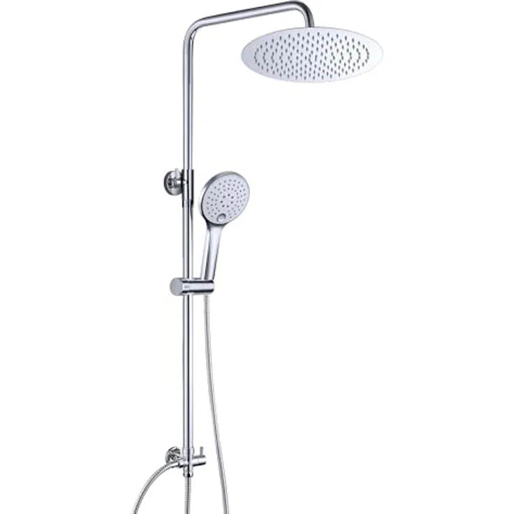 JOHO Edelstahl Duschset ohne Armatur, Chrom, Regendusche mit 3 Strahlarten, höhenverstellbare Duschsäule, anti-Kalk Düsen, 20 cm Kopfbrause – Bild 1