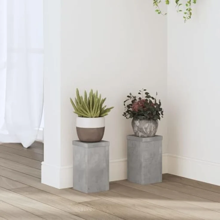 vidaXL Blumenständer Pflanzenständer 2 Stk. Betongrau 10x10x18 cm Holzwerkstoff (2 St) - Robustes Material, stabile Oberplatte, einfache Reinigung – Bild 2