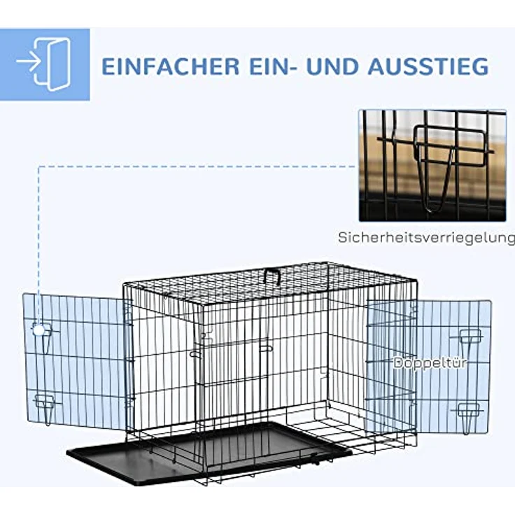 PawHut Hundekäfig Transportkäfig Drahtkäfig Hundebox Transportbox Reisebox Schwarz 91x61x67 cm mit herausnehmbarer Bodenwanne und optimaler Luftzirkulation – Bild 4