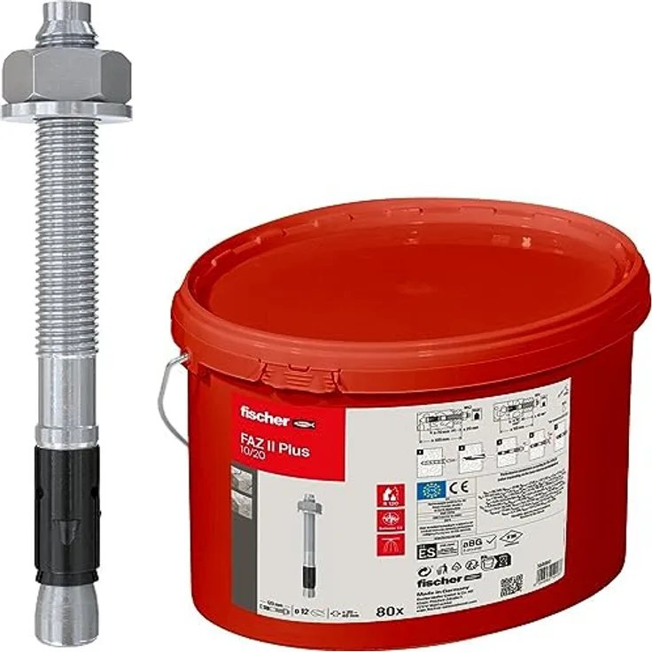 fischer Bolzenanker FAZ II Plus 12/20 gvz im Eimer, Schwerlastanker mit hoher Tragfähigkeit, Ankerbolzen für Befestigungen schwerer Lasten und Stahlkonstruktionen, Seismik- & ETA-Zulassung