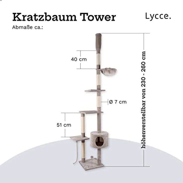 Lycce Katzenbaum Tower Kratzbaum deckenhoch Sisal Plüsch grau 230-260 cm – Bild 3