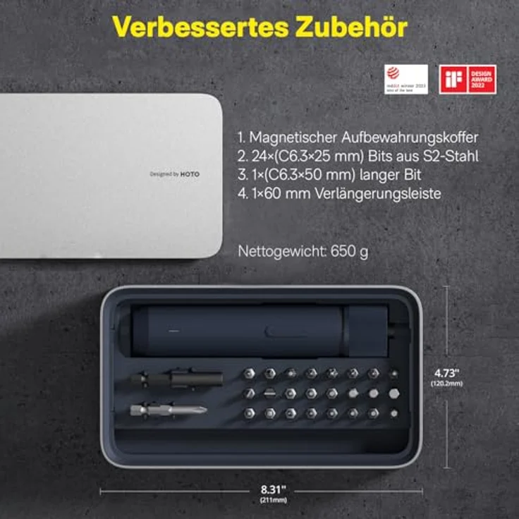 HOTO Akkuschrauber, Magnetischer Elektrischer Schraubendreher Set mit 3 Drehmomentstufen (1.5/3/4 Nm), LED-Licht, 25 Bits, 1500 mAh Akku USB-C Aufladung, für Möbel- und Elektrogeräte-Reparaturen – Bild 3