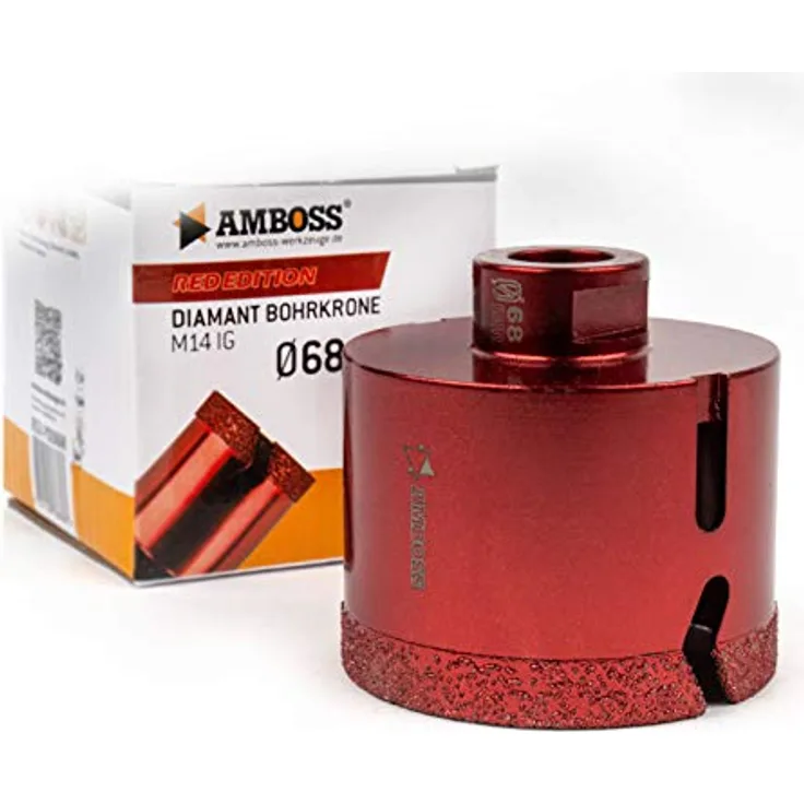 Amboss RED EDITION M14 Diamant Bohrkrone - für Winkelschleifer - Feinsteinzeug, harte Fliesen, Granit/Die ideale Trockenbohrkrone (Ø 68 mm)