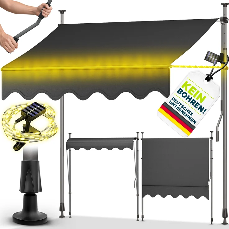 tillvex Klemmmarkise 200 cm Anthrazit, mit Solar LED und Handkurbel, UV-beständig, höhenverstellbar, wasserdicht, ohne Bohren