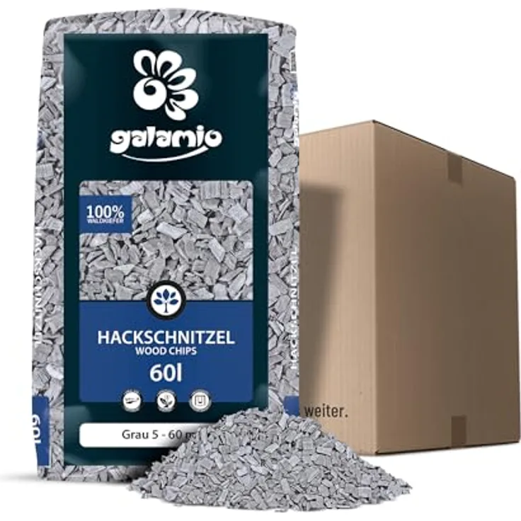 GALAMIO Holzhackschnitzel Grau, Grobe Hackschnitzel aus reinem Kiefernholz, Mulch für Garten und Wege, 5-60mm Körnung, 60l Sack