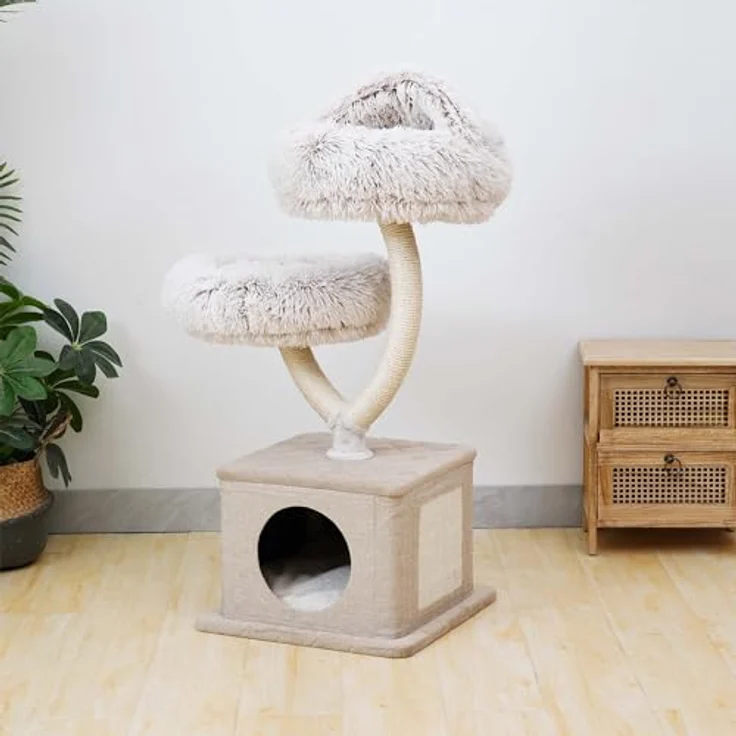 Fudajo Kratzbaum Zweigdesign mit Katzenhaus 95 cm, Designer Katzenkratzbaum mit Plüsch und Sisal, Katzenbaum mit Katzenhöhle, Kletterbaum für Katzen in Naturfarben – Bild 4
