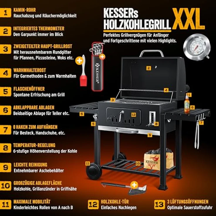 KESSER® Grillwagen BBQ Smoker XXL Holzkohlegrill mit Deckel, Rädern, Edelstahl-Griff, Thermometer, inkl. Zubehör - Schwarz – Bild 3