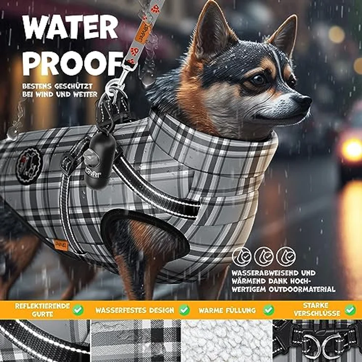LOVPET® Hundejacke Hundemantel mit Geschirr, inkl. 45 Stück Kotbeutel + Spender, Hunde Winterweste gefüttert wasserdicht, Gepolsterte Weste Mit Brustgurt, Reflektoren, D-Ring 5XL, Grau – Bild 4