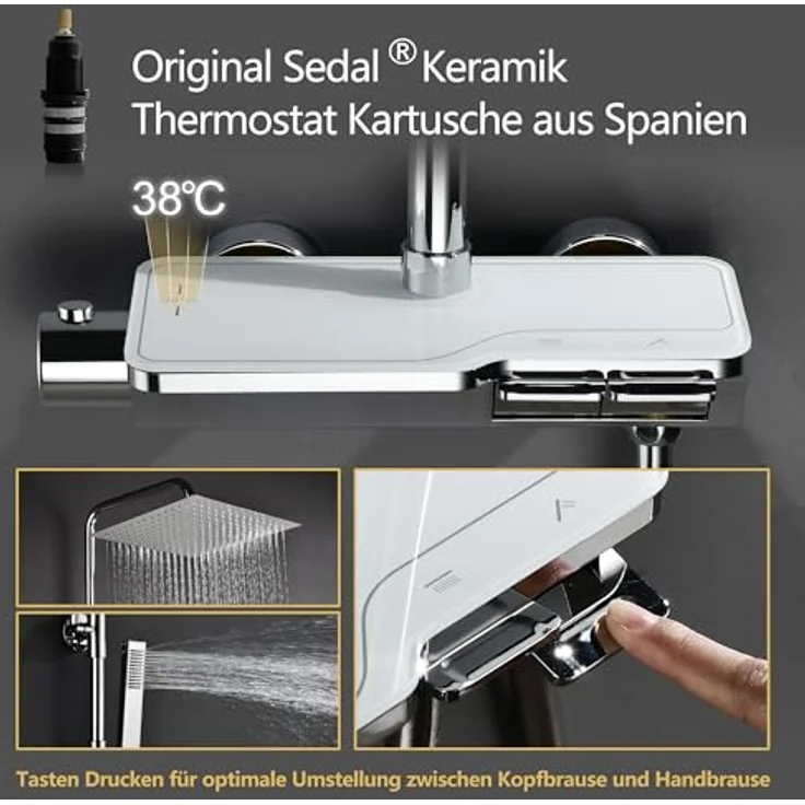 Görbach Edelstahl Duschset Regendusche mit Thermostat Mischbatterie, verstellbarer Duschstange, Kopfbrause 25x25 cm, Chrom – Bild 4