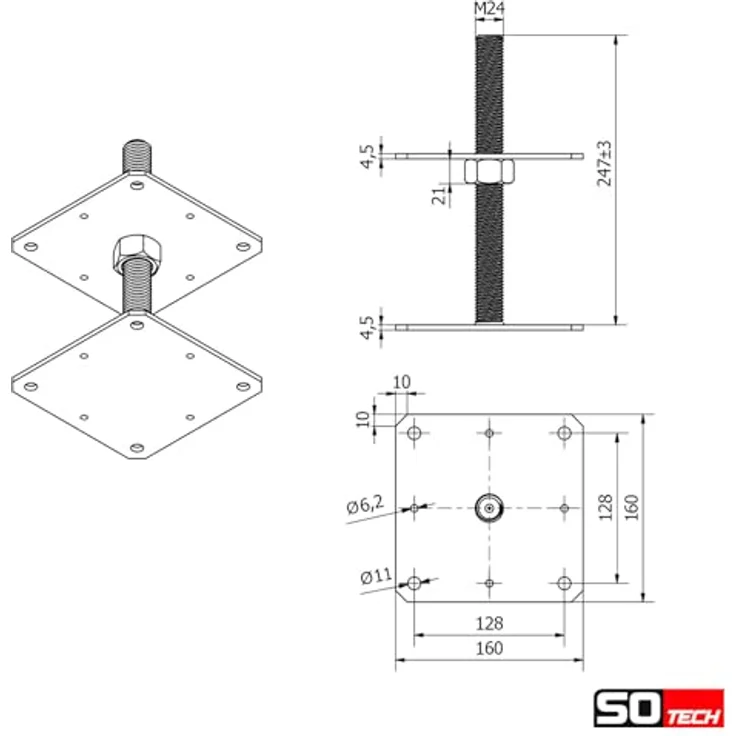 SO-TECH® Pfostenträger Stützträger, höhenverstellbar mit Gewinde M24, feuerverzinkt, wetterfest, 160 x 160 x 250 mm, 4 Stück – Bild 6