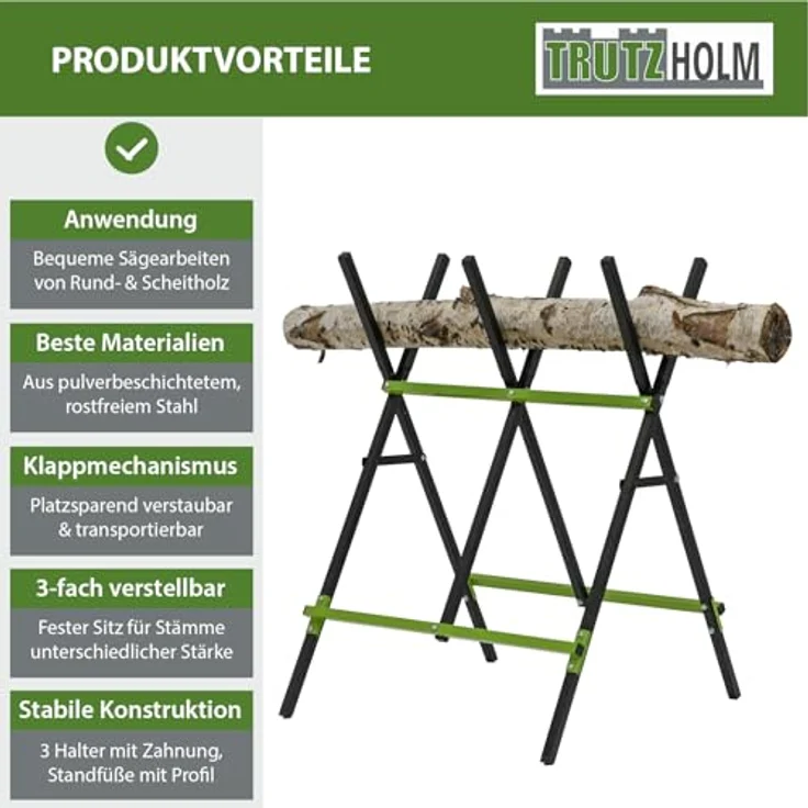 TRUTZHOLM Holzsägebock klappbar, pulverbeschichtet, 100 kg Traglast, 3-fach verstellbar, schwarz/grün – Bild 6