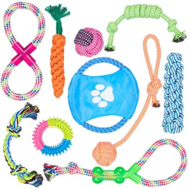 Relaxdays Hundespielzeug Set 10 teilig, Tauspielzeug, Zerrspielzeug, Hundefrisbee, Welpen, kleine & mittlere Hunde, bunt – Bild 2