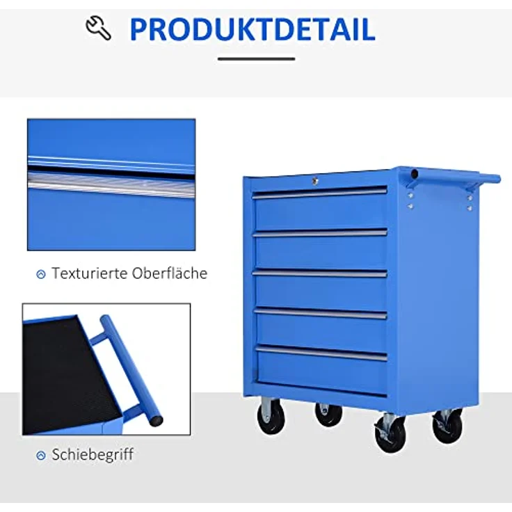 Homcom® Fahrbarer Werkstattwagen Werkzeugwagen Rollwagen Werkzeugkasten mit 5 Schubladen blau – Bild 6
