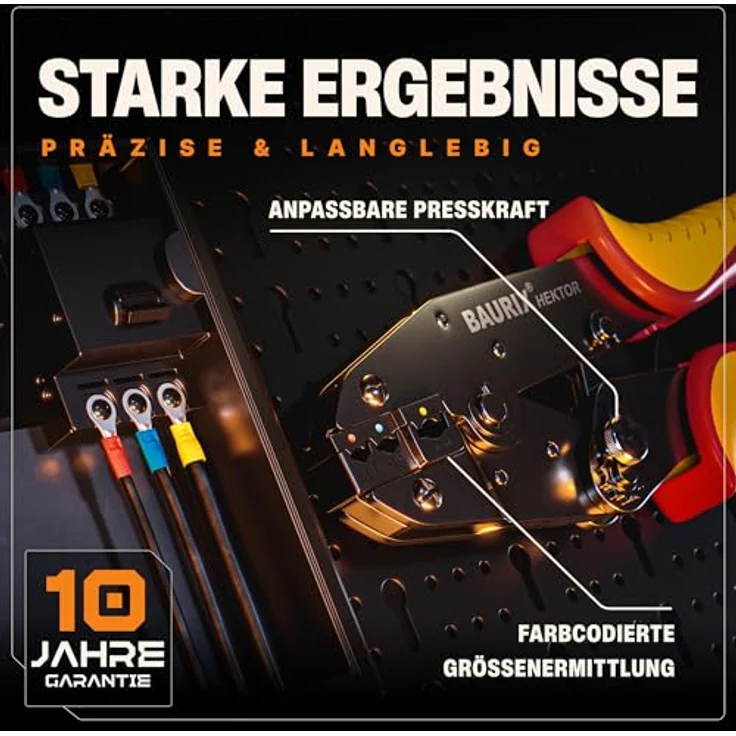 BAURIX Crimpzange HEKTOR inkl. 700 Stück Kabelschuhe Set, verpresst Kabelschuhe 0,50 - 6,00 mm², ergonomischer Griff, Sortimentsbox, Kupfer/PVC – Bild 2