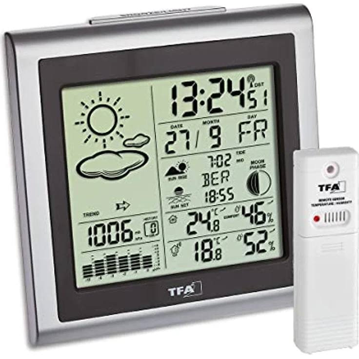 TFA Dostmann Funk-Wetterstation Largo, 35.1145.54, mit Wettervorhersage, Aussensender, inkl Funkuhr, für innen und aussen, silber – Bild 1