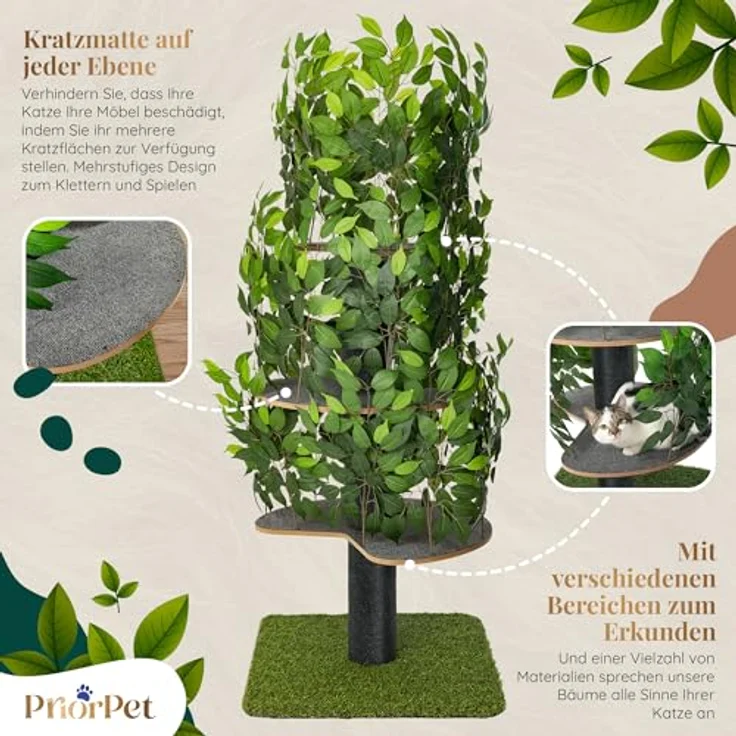 PRIORPET Kratzbaum Natur zum Klettern, Verstecken und Schlafen - groß mit austauschbaren Blättern - mehrstufig, einfach zu montieren - haustiersichere Materialien, langlebige und Patentierter robuste Cat Tree - Preisvergleich – Bild 3