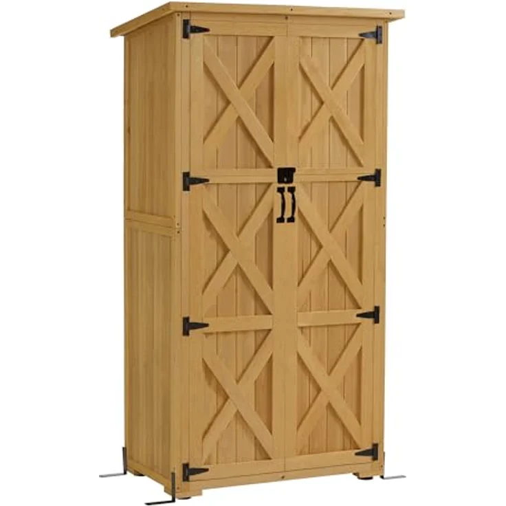 M MCombo Gartenschrank Holz, Gartenhaus Klein Wetterfest, Outdoor Gerätehaus Geräteschuppen, für Außenbereich Balkon Terrasse, 55×90×169cm, 0878D (Natur) – Bild 1
