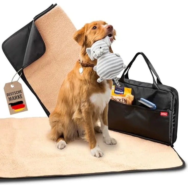 achilles Reisedecke für Hunde, Hundedecke mit weichem Lammfell-Imitat, Hundematte für Reise, Faltbare Liegedecke für unterwegs, Hundebett mit Tasche, waschbar, Schwarz, 100x70cm