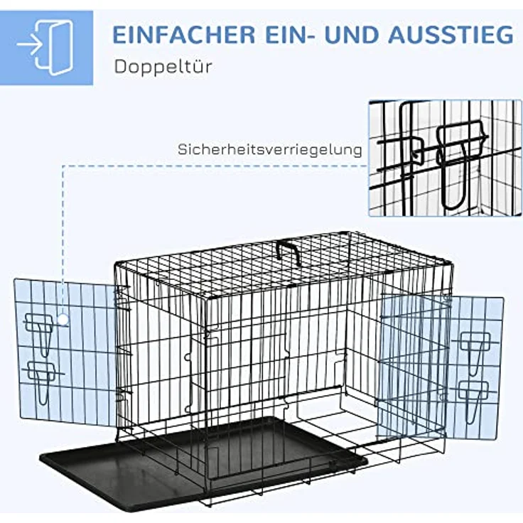 PawHut Hundekäfig Transportkäfig Drahtkäfig Hundebox Transportbox Reisebox mit 2 Türen Schwarz 76x53x57 cm – Bild 4