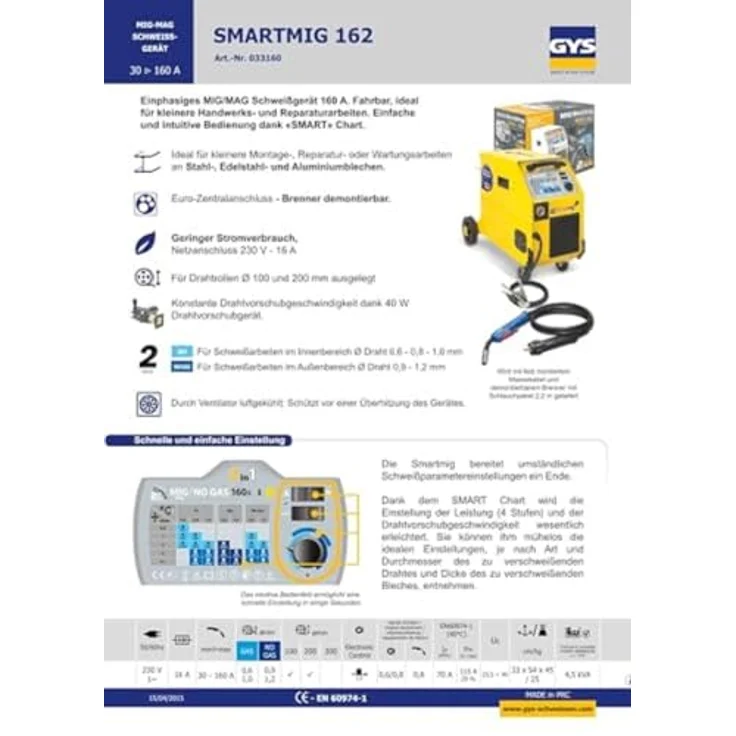 GYS Schutzgasschweißgerät 160 A, einphasig 230 V, gelb, Smartmig 162 – Bild 4