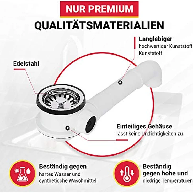 AquaDE Siebkorbventil 70 mm mit Raumschaffer und Überlauf-Set für Küchenspüle, rostfreier Edelstahl, weiß – Bild 5