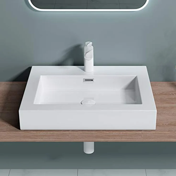 doporro 60x48x10cm Aufsatzwaschbecken Weiß Colossum18 mineralguss Gussmarmor Waschbecken Waschtisch – Bild 4