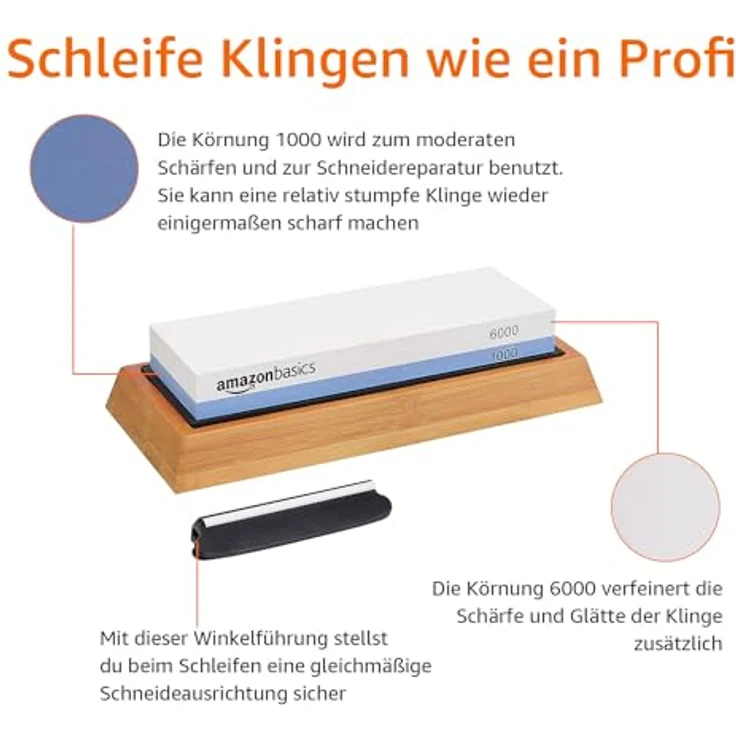 Amazon Basics Messerschärfstein, doppelseitig 1000/6000, rutschfeste Bambusunterseite, Schwarz, Blau und Weiß, 21,34 x 9,14 x 4,57 cm – Bild 3