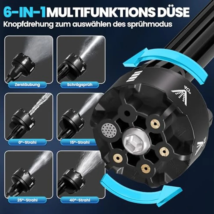Bundviel 180Bar Akku Hochdruckreiniger, 6-in-1 Druckreiniger mit 2×4000mAh Akkus und 180° Rotationsdüse für Auto, Terrasse und Outdoor-Reinigung – Bild 4